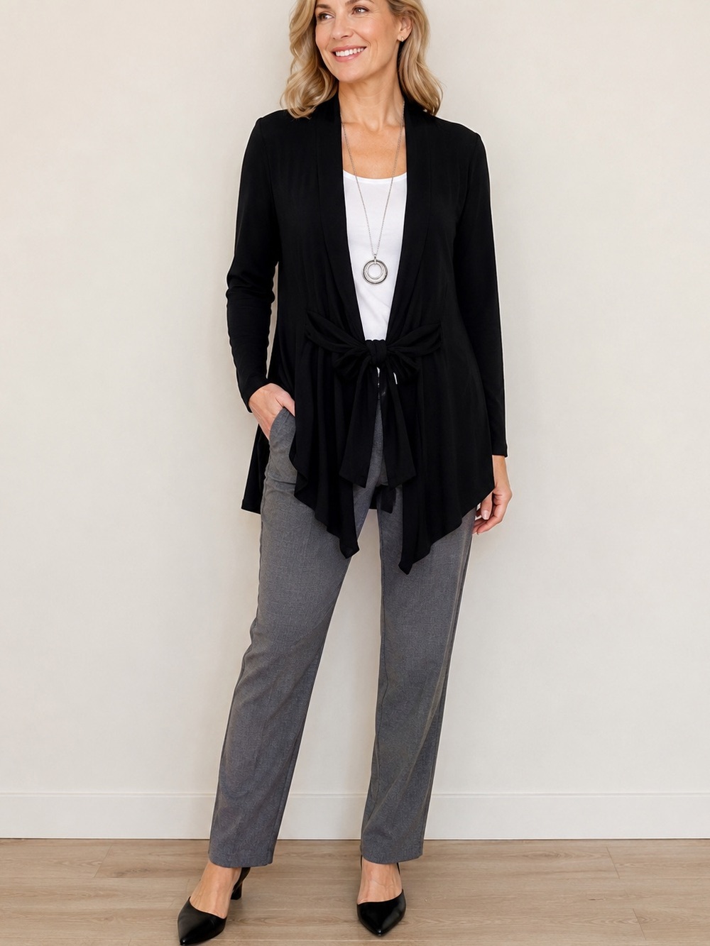 Chico’s Travelers Black Tie Front Cardigan Jacket Size 1 M Travel Career Knit